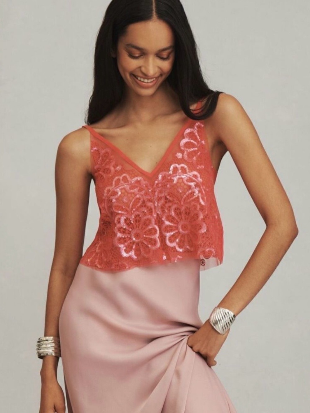 Anthropologie Y2K Coquette Pink Floral Sequin Lace Camisole Festival Top M/L‎